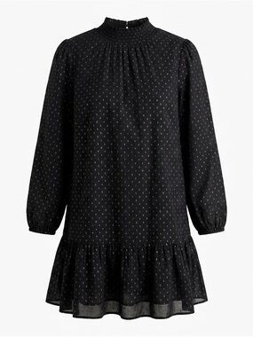 Gap Black Metallic Dot Smocked Mock Neck Long Sleeve Ruffle Whimsigoth Dress M/L